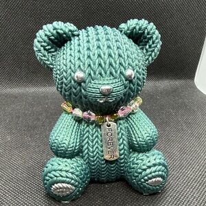 Unique Resin , Teal “Knitted” Teddy Bear with Beaded Necklace